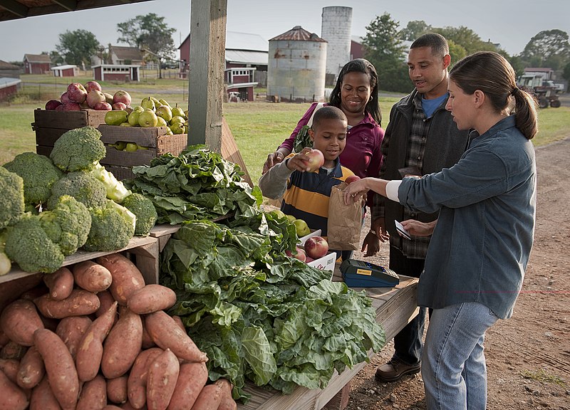 A Black family buys produce from a white woman farmer at a market stand